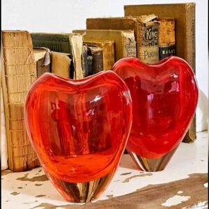 Pair of Beautiful, Signed Salviati 2003, Red Murano Glass Heart Vases